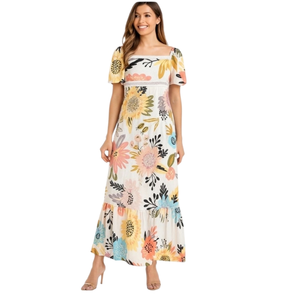 Maxi Dress Puff Sleeve Floral Empire Cottagecore Prairie Modest